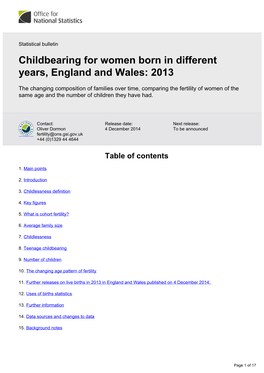 Childbearing for Women Born in Different Years, England and Wales: 2013