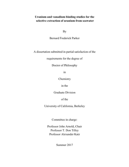 Uranium and Vanadium Binding Studies for the Selective Extraction of Uranium from Seawater