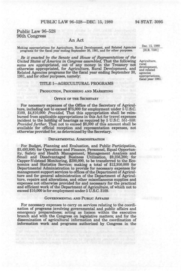 94 STAT. 3095 Public Law 96-528 96Th Congress an Act Making Appropriations for Agriculture, Rural Development, and Related Agencies Dec