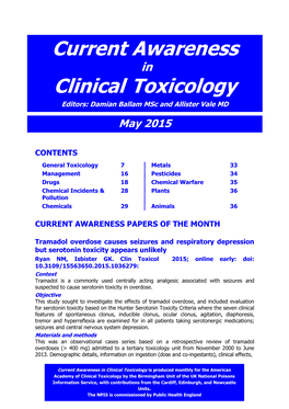 Current Awareness in Clinical Toxicology Editors: Damian Ballam Msc and Allister Vale MD