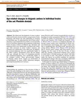 Age-Related Changes in Biogenic Amines in Individual Brains of the Ant Pheidole Dentata