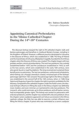 Appointing Canonical Prebendaries in the Vilnius Cathedral Chapter During the 14Th-18Th Centuries