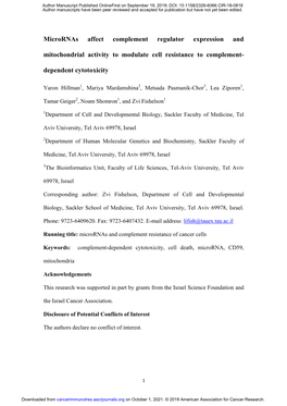 Micrornas Affect Complement Regulator Expression And