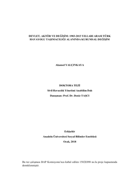 Devlet, Aktör Ve Değişim: 1983-2013 Yillari Arasi Türk Havayolu Taşimaciliği Alaninda Kurumsal Değişim