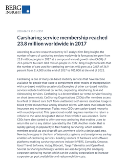 Carsharing Service Membership Reached 23.8 Million Worldwide in 2017