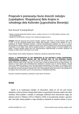 Prispevek K Poznavanju Favne Dnevnih Metuljev (Lepidoptera: Rhopalocera) Bele Krajine in Vzhodnega Dela Kočevske (Jugovzhodna Slovenija)