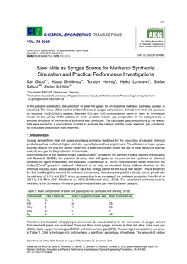 Steel Mills As Syngas Source for Methanol Synthesis