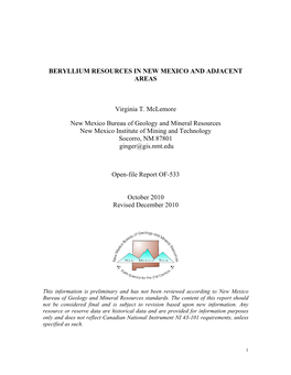 Beryllium Resources in New Mexico and Adjacent Areas