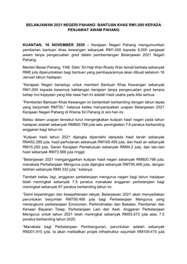 Belanjawan 2021 Negeri Pahang: Bantuan Khas Rm1,000 Kepada Penjawat Awam Pahang