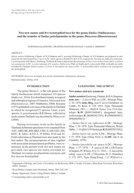 Two New Names and Five Lectotypified Taxa for the Genus Smilax (Smilacaceae), and the Transfer of Smilax Petiolatumidus to the Genus Dioscorea (Dioscoreaceae)