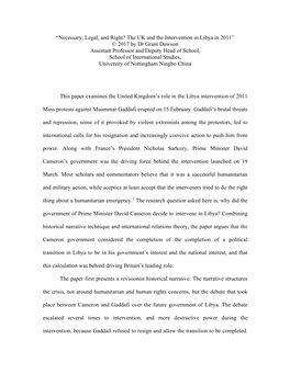 Necessary, Legal, and Right? the UK and the Intervention in Libya in 2011