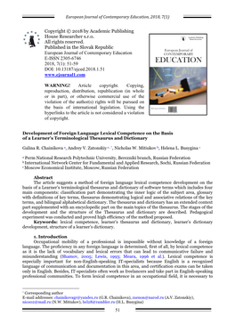 Development of Foreign Language Lexical Competence on the Basis of a Learner’S Terminological Thesaurus and Dictionary