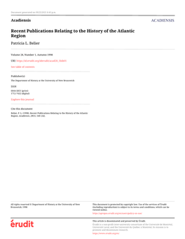 Recent Publications Relating to the History of the Atlantic Region Patricia L