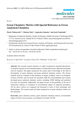 Green Chemistry Metrics with Special Reference to Green Analytical Chemistry