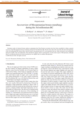 An Overview of Mesopotamian Bronze Metallurgy During the 3Rd Millennium BC