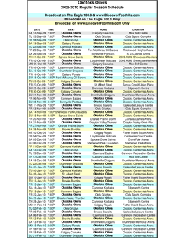 Okotoks Oilers 2009-2010 Regular Season Schedule