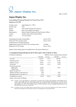 Consolidated Financial Results for FY14/3 (Japanese GAAP)