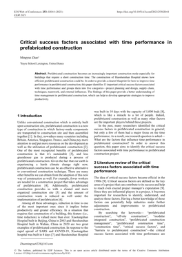 Critical Success Factors Associated with Time Performance in Prefabricated Construction