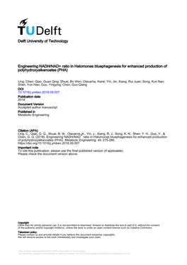 Engineering NADH/NAD+ Ratio in Halomonas Bluephagenesis for Enhanced Production of Polyhydroxyalkanoates (PHA)