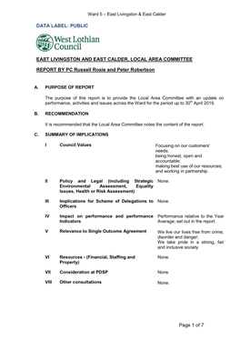 Page 1 of 7 DATA LABEL: PUBLIC EAST LIVINGSTON and EAST CALDER, LOCAL AREA COMMITTEE REPORT by PC Russell Rosie and Peter Rober