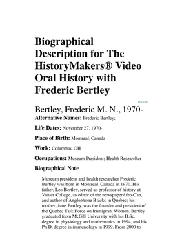 Biographical Description for the Historymakers® Video Oral History with Frederic Bertley