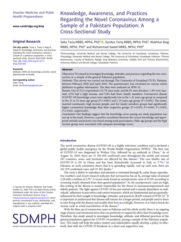 Knowledge, Awareness, and Practices Regarding the Novel Coronavirus Among a Sample of a Pakistani Population: a Cross-Sectional Study