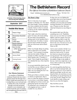 The Bethlehem Record the Official Newsletter of Bethlehem Lutheran Church