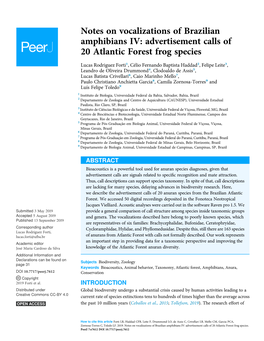 Notes on Vocalizations of Brazilian Amphibians IV: Advertisement Calls of 20 Atlantic Forest Frog Species