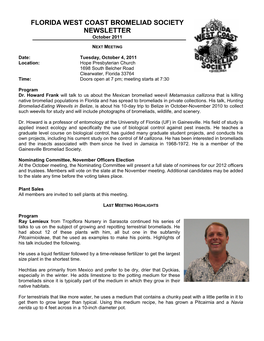 FLORIDA WEST COAST BROMELIAD SOCIETY NEWSLETTER October 2011