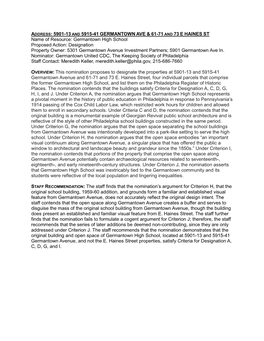 Germantown High School Proposed Action: Designation Property Owner: 5301 Germantown Avenue Investment Partners; 5901 Germantown Ave In