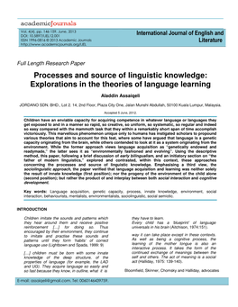 Processes and Source of Linguistic Knowledge: Explorations in the Theories of Language Learning