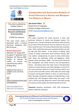 Comparative and Contrastive Analysis of Vowel Harmony in Asante and Akuapem Twi Dialects in Ghana