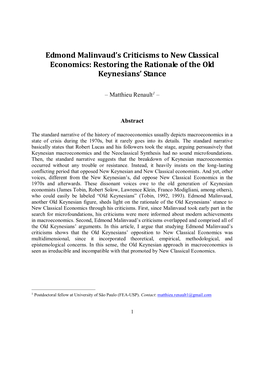 Edmond Malinvaud's Criticisms to New Classical Economics