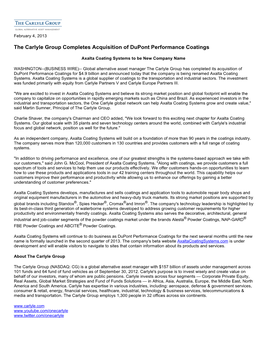 The Carlyle Group Completes Acquisition of Dupont Performance Coatings
