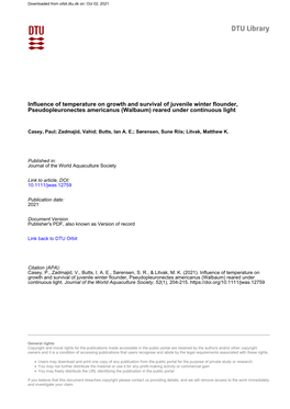 Influence of Temperature on Growth and Survival of Juvenile Winter Flounder, Pseudopleuronectes Americanus (Walbaum) Reared Under Continuous Light