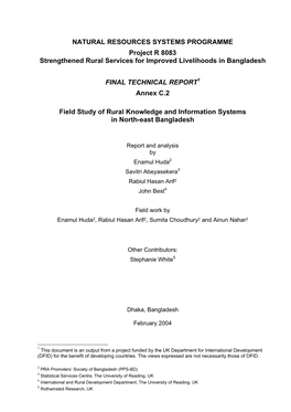 NATURAL RESOURCES SYSTEMS PROGRAMME Project R 8083 Strengthened Rural Services for Improved Livelihoods in Bangladesh