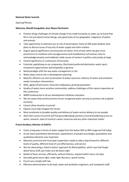 National Water Summit Opening Plenary Welcome, Mondli Gungubele, Exec Mayor Ekurhuleni • Positive Things Challenges of Climate