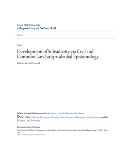 Development of Subsidiarity Via Civil and Common Law Jurisprudential Epistemology William Pieratt Ed Mond