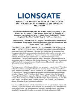 Lionsgate® Announces Home Entertainment Distribution Deal with Disney-Abc Domestic Television