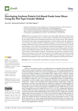 Developing Soybean Protein Gel-Based Foods from Okara Using the Wet-Type Grinder Method