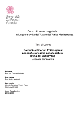 Corso Di Laurea Magistrale in Lingue E Civiltà Dell'asia E Dell'africa Mediterranea Tesi Di Laurea Confucius Sinarum Philos