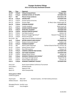 Voyager Academy Vikings 2015-16 Varsity Boys Basketball Schedule