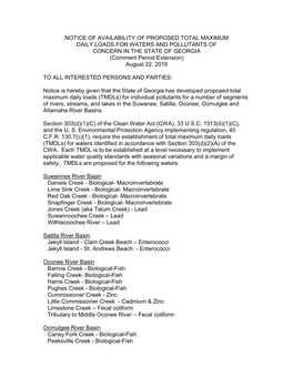 NOTICE of AVAILABILITY of PROPOSED TOTAL MAXIMUM DAILY LOADS for WATERS and POLLUTANTS of CONCERN in the STATE of GEORGIA (Comment Period Extension) August 22, 2016