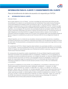 INFORMACIÓN PARA EL CLIENTE Y CONSENTIMIENTO DEL CLIENTE Para La Transferencia De Datos De Acuerdo a Lo Requerido Por FATCA