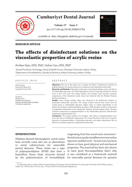 The Effects of Disinfectant Solutions on the Viscoelastic Properties of Acrylic Resins