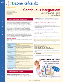 Continuous Integration: N Configuring a Hudson Job N Running Tests Servers and Tools N Tools and More