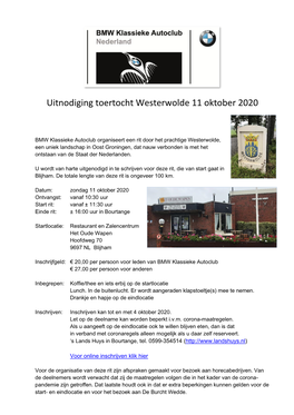 Uitnodiging Toertocht Westerwolde 11 Oktober 2020