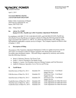 Ue 296, Initial (Application, Complaint, Petition), 4/1/2015