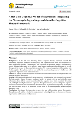 A Hot-Cold Cognitive Model of Depression: Integrating the Neuropsychological Approach Into the Cognitive Theory Framework