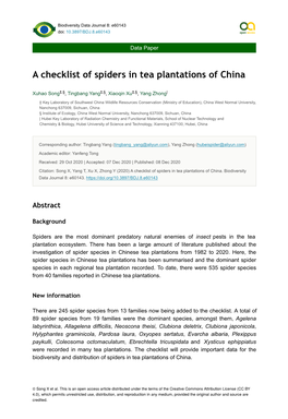 A Checklist of Spiders in Tea Plantations of China